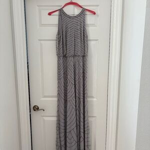 Adrianna Papell Silver Beaded Blouson Halter Gown